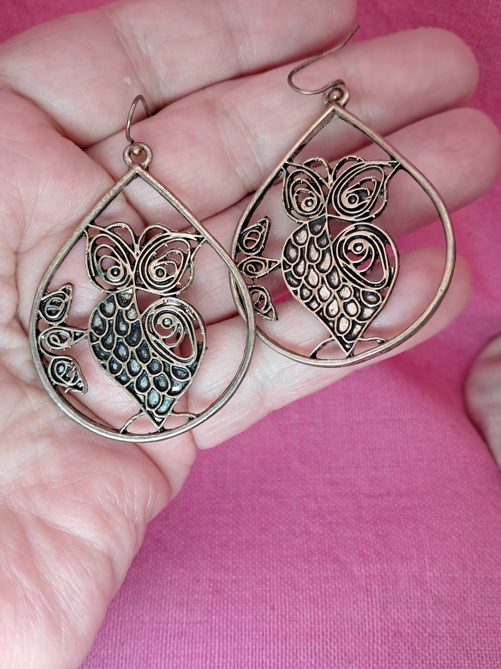 Owl Filigree Teardrop Dangle Drop Earrings (Antique Goldtone)
